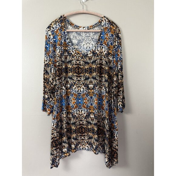Artisan NY Women 3X Fleur De Lis Tunic Top Boho Mandala Print Asymmetrical Drape - Picture 1 of 8